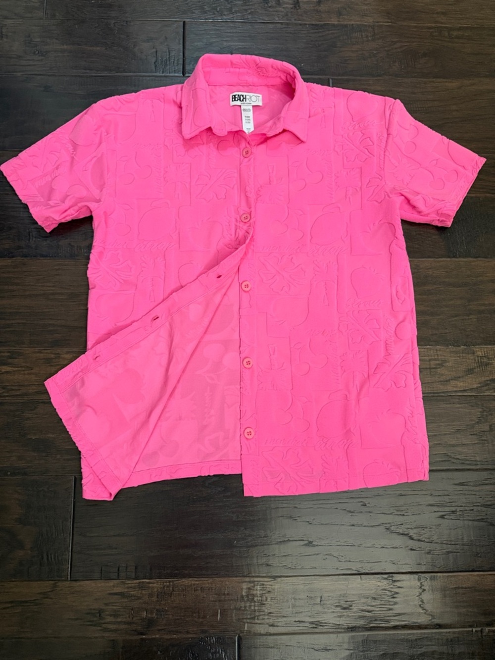 Beach Riot Neon Pink Mabel Embossed Terry Short Sleeve Swim Cover Up Top L